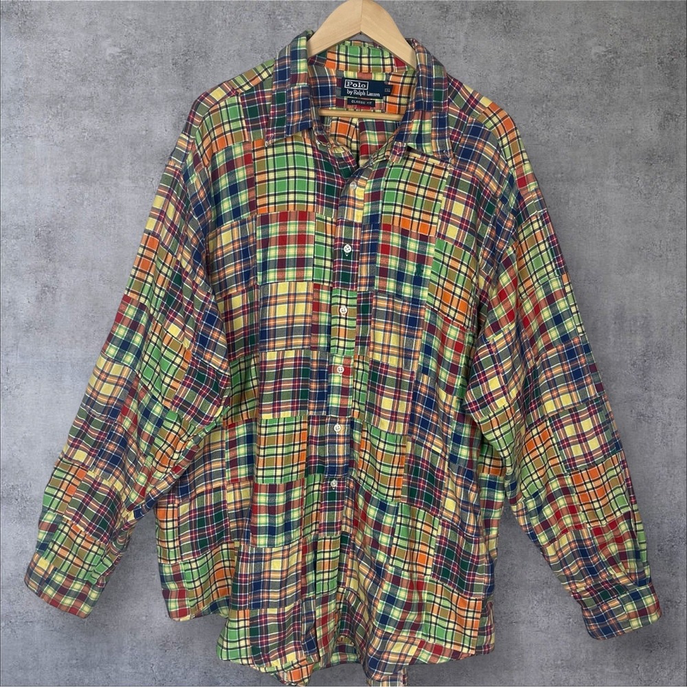 Polo Ralph Lauren Classic Fit Button Down Patchwork Madras Plaid Shirt Mens XXL